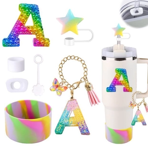 Rainbow butterfly A-letter charm set with straw cover and silicone boot for Stanley cup