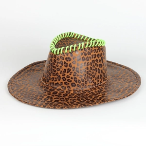 Leopard print faux leather western cowboy hat with neon green stitching on white background