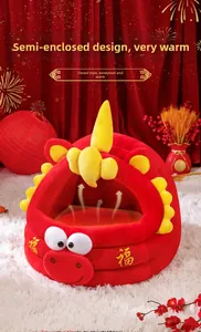 Detail view of red semi-enclosed cat bed with dragon theme and festive embroidery