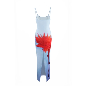 Rear view of a slim-fit blue floral slip dress with a back slit detail for women