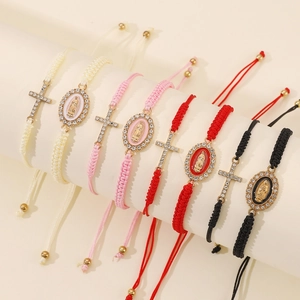 Cross and Virgin Mary woven bracelet set with rhinestones for men and women