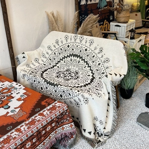 Bohemian mandala sofa blanket with tassels in black and white for outdoor camping decor