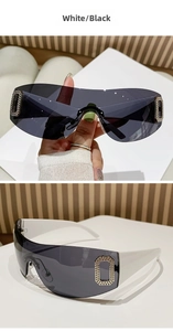 Detail of Y2K rimless sports sunglasses with white temples and sparkling rhinestone decor