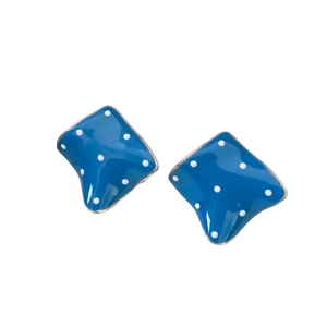 Minimalist square wave stud earrings with white polka dots on blue and gold edges