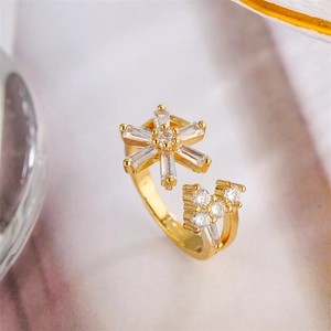 Snowflake Open Ring Gold Plated Copper With White Zircon Cubic Zirconia Adjustable Fashion Jewelry For Women