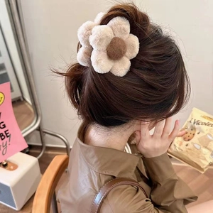 Coffee brown plush floral shark clip with cream petals for elegant autumn hairstyles