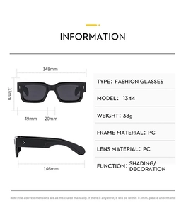 Detailed size specifications of men square arrow sunglasses with PC frame dimensions