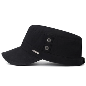 Classic black cotton twill flat top army cap with metal vents and adjustable strap