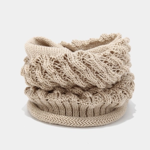 Winter chunky knit beige neck gaiter with cable stitch pattern and snood design
