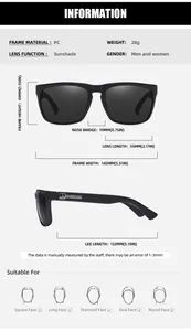 Size chart with detailed measurements for classic UV400 PC frame sports sunglasses