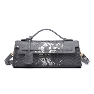 Macro view of dark grey faux snake skin texture and silver paint splatter on leather handbag