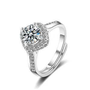 Elegant Adjustable Halo Setting Round Zirconia Copper Open Ring For Women Silver Tone Geometric Fashion Commuter Jewelry