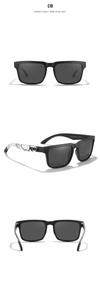 Detailed views of polarized square sunglasses with marble textured temples and logo