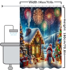 Waterproof polyester shower curtain showing 180x180cm dimensions and festive Christmas scene