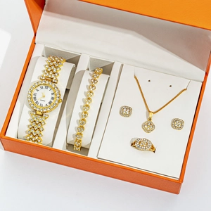 Dames Sieraden Horloge 5-Delige Set Luxe Legering Strass Ingelegde Romeinse Cijfers Quartz Horloge Ketting Armband Ring Oorbellen Cadeaudoos