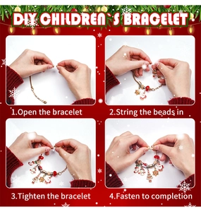 Step-by-step assembly guide for a golden Christmas-themed DIY children's bead bracelet