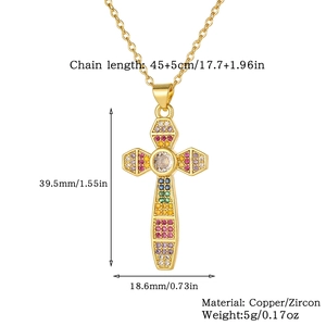 Detailed size specifications for gold cross pendant necklace with colorful zircon stones