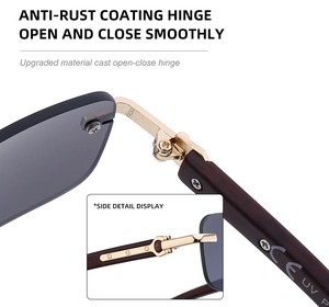 Macro view of anti-rust metal hinges and wood grain temples on rimless sunglasses