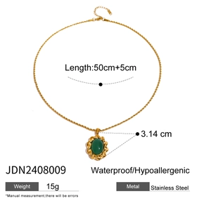 Waterproof stainless steel chain necklace with green oval gemstone pendant and 5cm extender