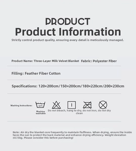 Detailed specifications table for thick milk fleece blanket showing sizes and materials
