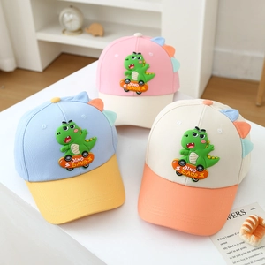 Close-up of contrast color cotton baseball caps with 3D skateboard dinosaur patches