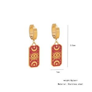 Detailed specs for stainless steel hoop earrings with evil eye rectangle charms