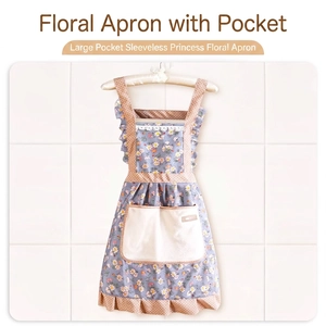 Floral cotton princess apron with waterproof finish and large pocket for kitchen