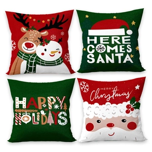 Lot de 4 housses de coussin de Noël avec motifs Père Noël et renne en tissu lin