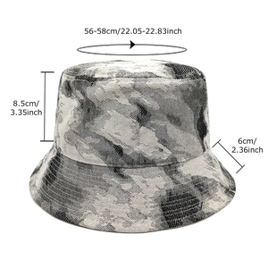 Tie-dye bucket hat in gray and black pattern with detailed size dimensions shown