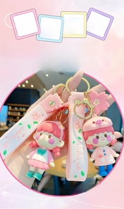 Detail of Sakura girl keychains with pink wrist strap and golden metal clasp