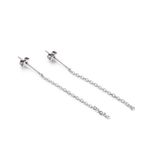 Elegant silver stainless steel tassel chain drop earrings in a minimalist linear style