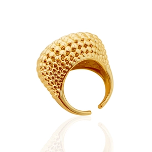 Macro detail of gold-plated adjustable ring featuring heavy beaded bubble texture