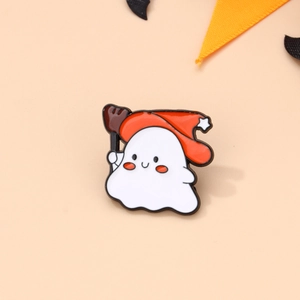 Cute ghost enamel pin with red star hat and broom for Halloween festive party decor