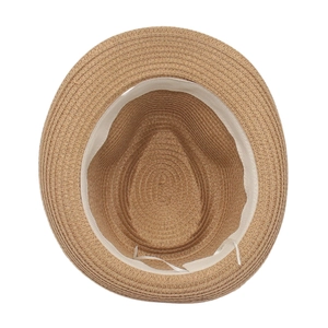 Detail view of woven straw trilby hat featuring adjustable inner sweatband and drawstring