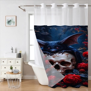 Detail of gothic shower curtain with bat creature on skull and red roses design