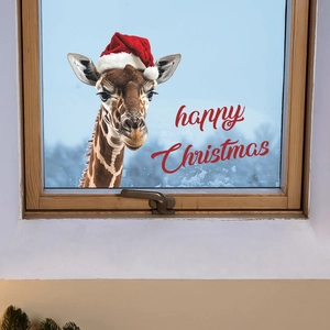Adesivo per finestre con giraffa di Natale con testo e effetto neve sul vetro