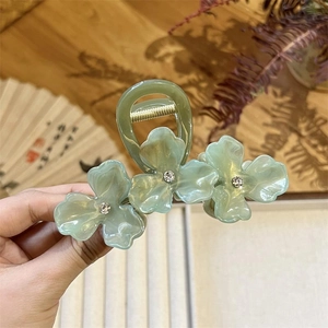Detailopname van de saliegroene bloemen haarklem met kristallen op vintage achtergrond