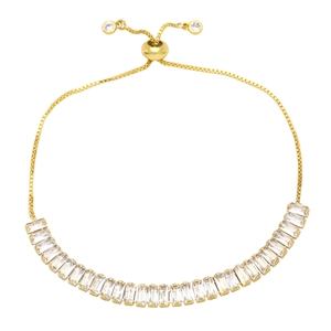 Detail of adjustable gold bolo bracelet featuring a row of rectangular zircon stones