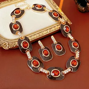 Vintage Palace Style Enamel Rhinestone Alloy Necklace And Earrings With Silver Earring Post Elegant Women Jewelry Accessory
