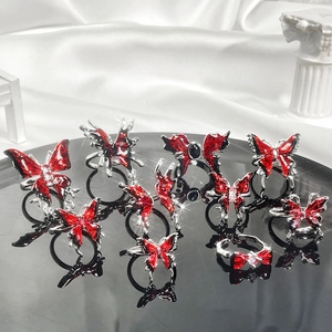 Butterfly Enamel Open Ring Red Black Drip Oil Copper Rhinestone Adjustable Finger Ring For Women Gothic Sweet Cool Jewelry