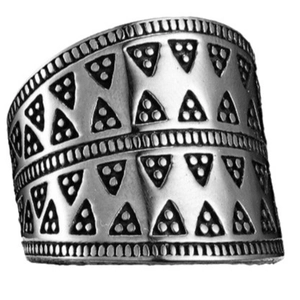Vintage stainless steel wide ring featuring geometric triangle patterns and dot texture