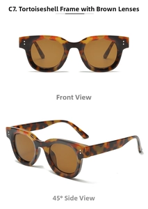 Front and profile view of tortoiseshell oval sunglasses with vintage brown tea lenses