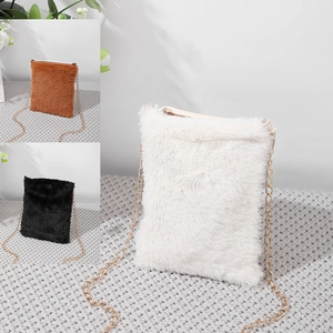 Women Mini Crossbody Bag Plush Faux Fur Golden Chain Strap Small Shoulder Mobile Phone Pouch Casual Fashion