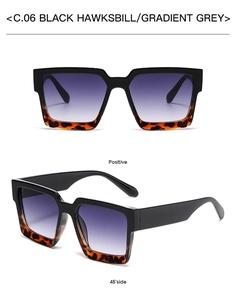 Detail view of square oversized sunglasses with black tortoiseshell frame and gradient lenses