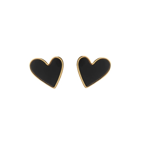 Minimalist 18K gold plated heart stud earrings with black enamel inlay on white surface