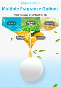 Detailed display of five scent options for car air freshener tablets including lemon and tea