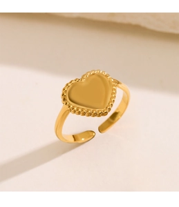Detailed close-up of 18K gold plated heart open ring with beaded edge detailing