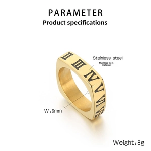 Detail of 6mm gold stainless steel square ring featuring black Roman numeral engravings