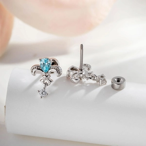 Elegant silver iris flower earrings with blue teardrop zircon and screw-back closures
