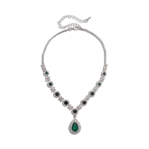 Retro silver necklace featuring emerald green waterdrop pendant and clear rhinestones